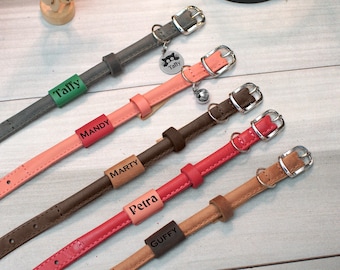 Personalized Leather Cat Collar: Engraved ID Bead, Soft Rolled Leather