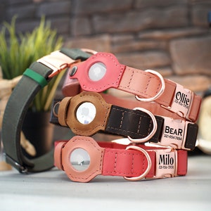 Collar de perro de cuero personalizado con soporte AirTag, collar de perro grabado personalizado con cubierta protectora para Apple AirTag, collares de cachorro de lujo
