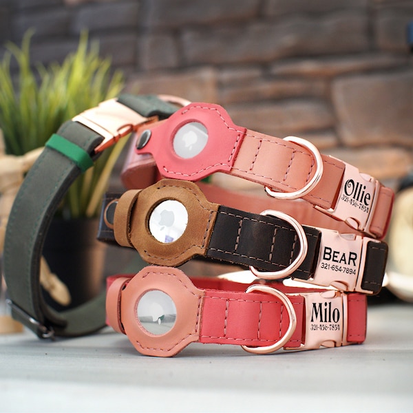 Collar de perro de cuero personalizado con soporte AirTag, collar de perro grabado personalizado con cubierta protectora para Apple AirTag, collares de cachorro de lujo