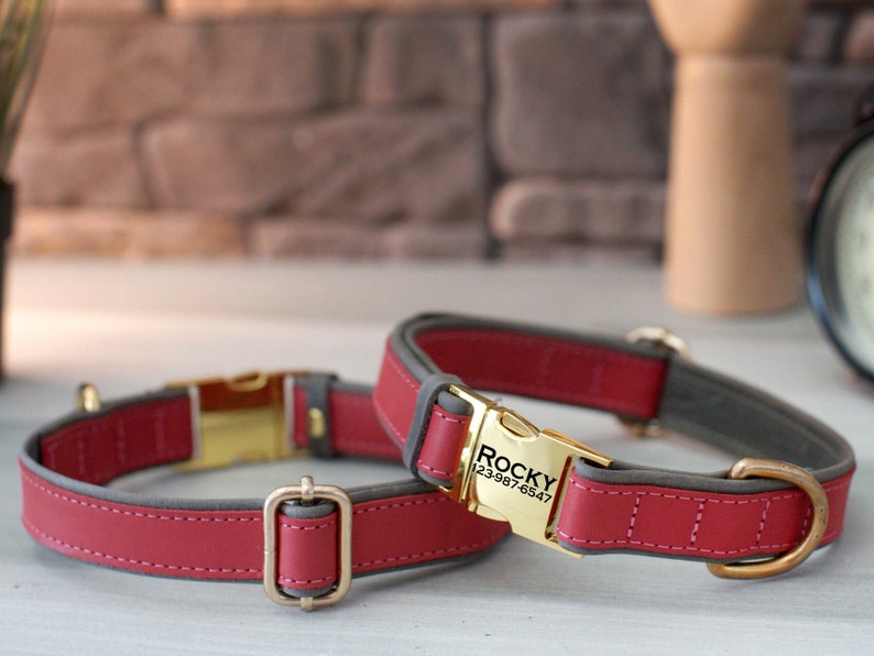 May include: Two red leather dog collars with gold metal buckles. One buckle has the name "Rocky" and phone number "239876547" engraved on it.