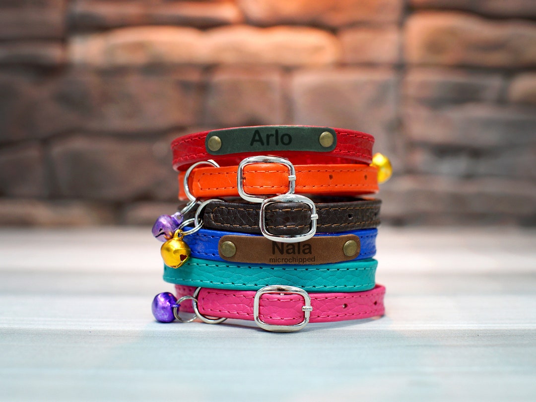 Personalized Leather Cat Collar, Custom Cat Collar With Bell, Engraved