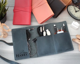 Custom Leather Cord Roll, Personalized Cable Organizer, Travel Tech Storage, Unique Charger Keeper, Christmas Gifts for Him, Gift for Dad