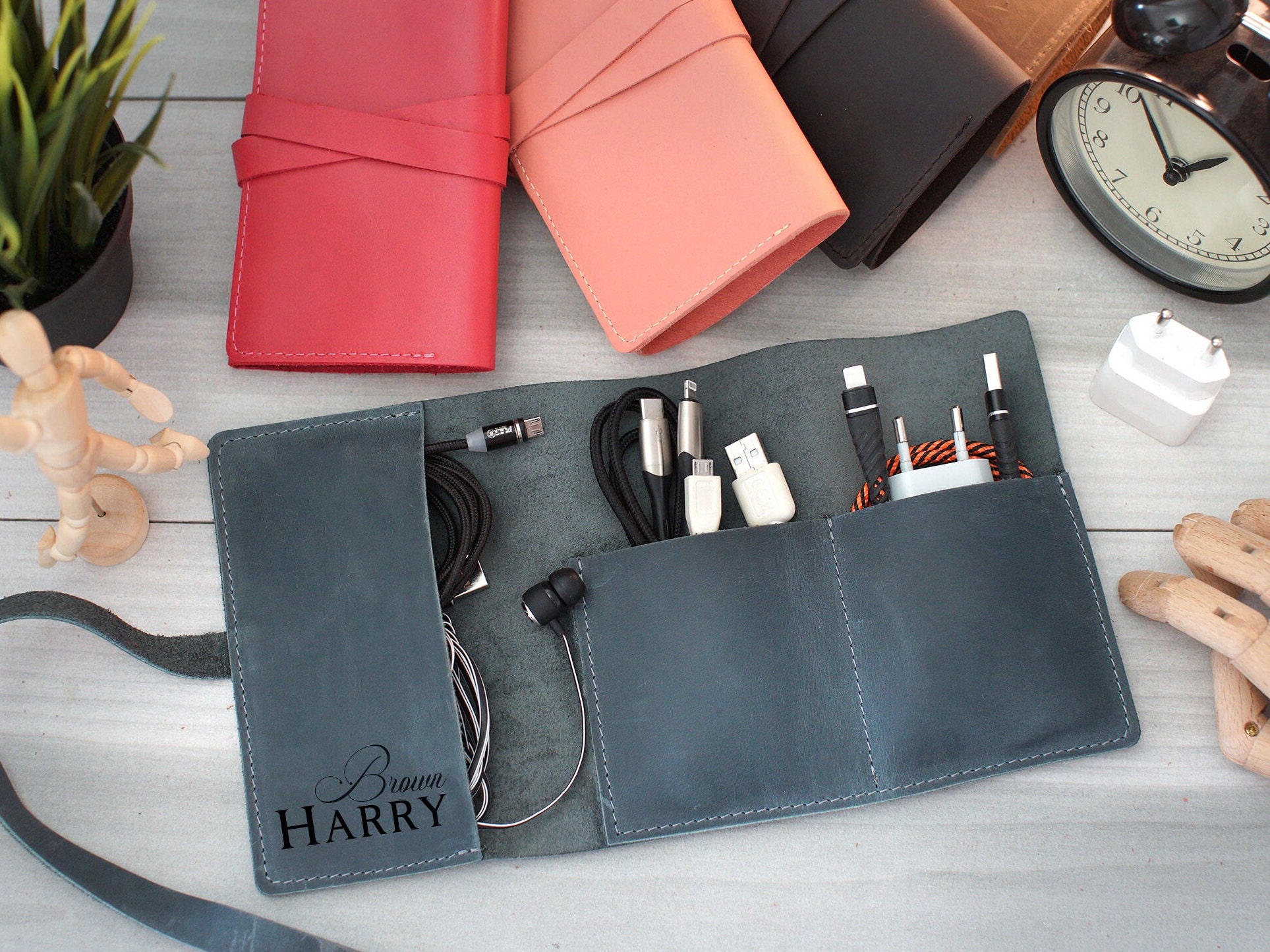 Custom Leather Cord Roll, Personalized Cable Organizer, Travel Tech Storage, Unique Charger Keeper, Christmas Gifts for Him, Gift for Dad