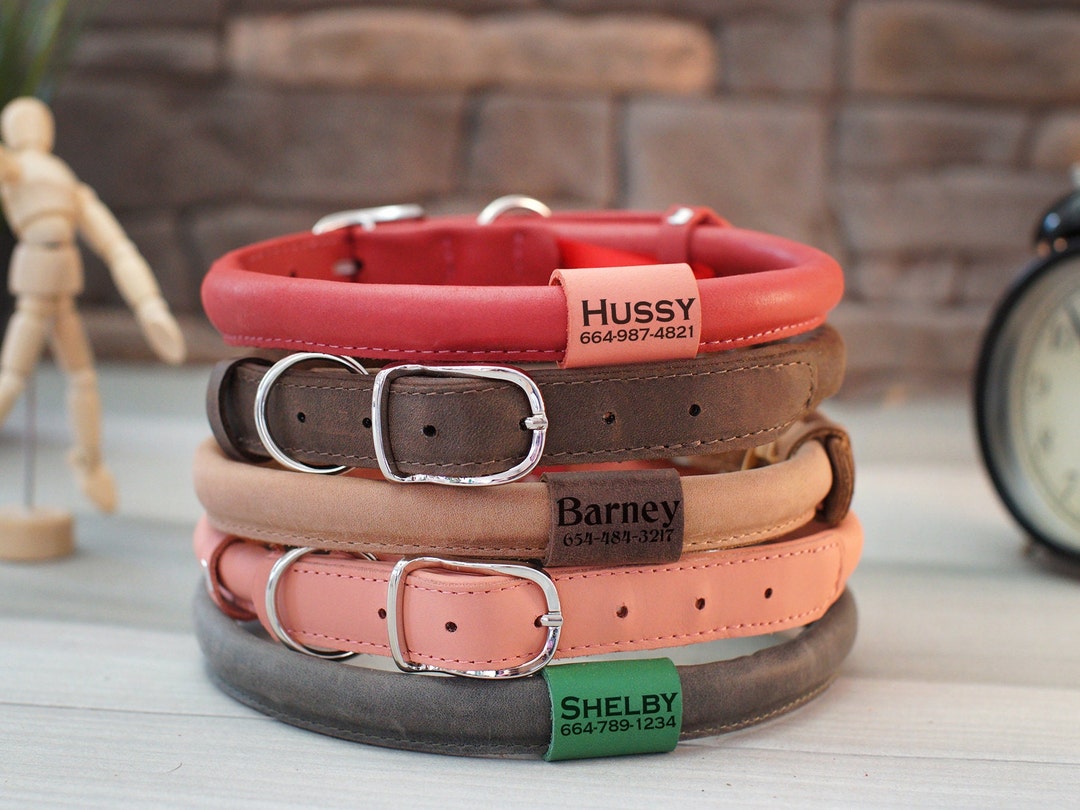 Custom Leather Dog Collar for Long Haired Dogs, Soft Padded Round Dog
