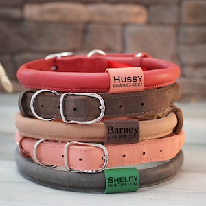 Custom Leather Dog Collar for Long Haired Dogs, Soft Padded Round Dog Collar Personalized, Rolled Leather Dog Collar with Engraved ID Tag