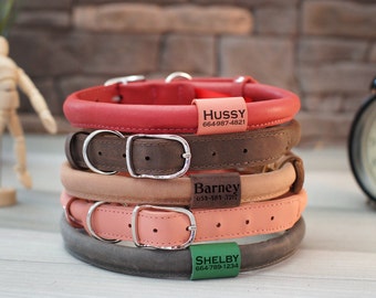 Custom Leather Dog Collar for Long Haired Dogs, Soft Padded Round Dog Collar Personalized, Rolled Leather Dog Collar with Engraved ID Tag