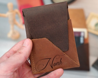 Leather Card & Cash Case, Engraved Slim ID Wallet, Custom Leather Pocket Wallet, Personalized Credit and Business Card Holder, Gifts for Dad