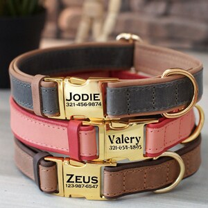 Personalized Soft Padded Double Leather Dog Collar with Engraved Gold Metal Buckle, Custom Leather Pet Collars for Dogs,