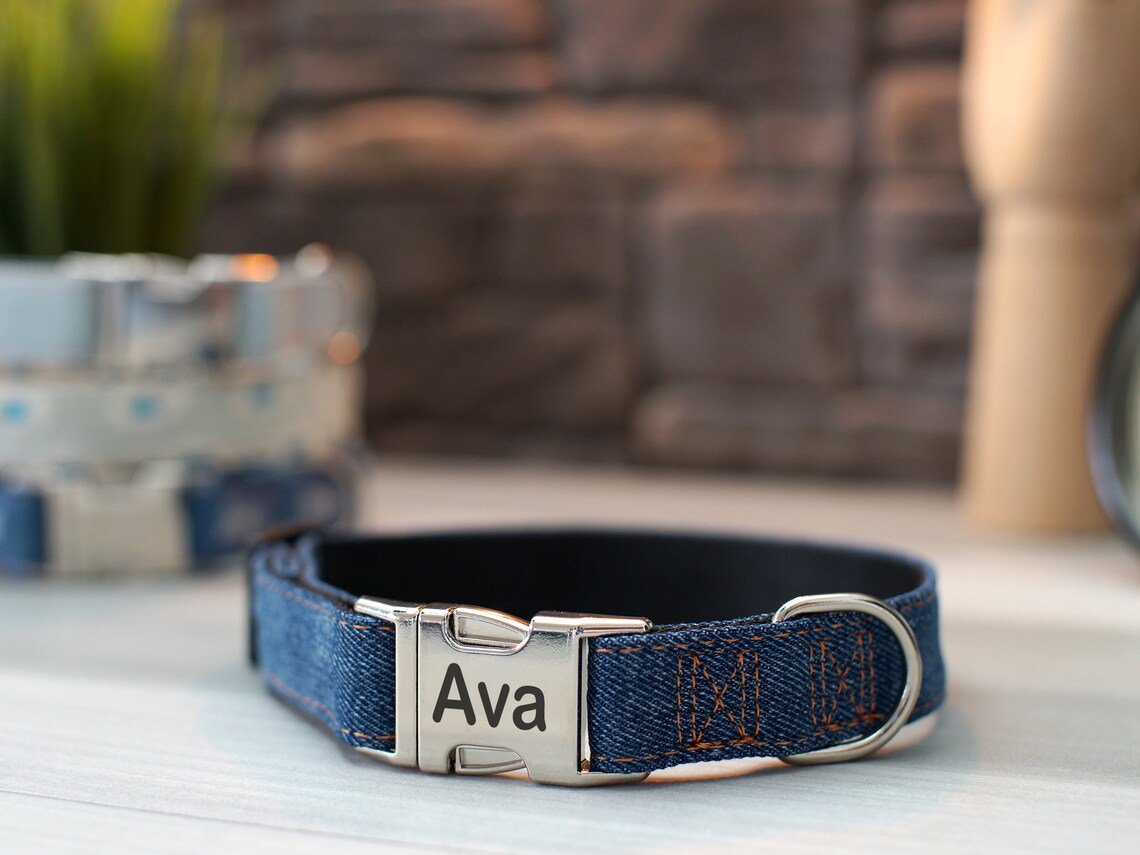 Blue Jean Dog Collar with Custom Engraving Distressed Denim Etsy