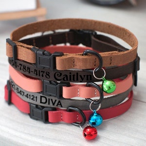 Personalized Leather Cat Collar with Breakaway Buckle, Engraved Leather Cat Collars, Custom Cat Collar with Bell, Safety Cat Collar Outdoor