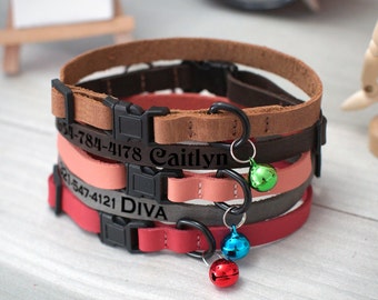 Personalized Leather Cat Collar with Breakaway Buckle, Engraved Leather Cat Collars, Custom Cat Collar with Bell, Safety Cat Collar Outdoor