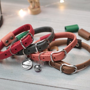 Personalized Cat Collar, Leather Cat Collar Girl, Custom Cat Collar Boy, Rolled Leather Cat Collar with Bell, Engraved Name Cat Collar