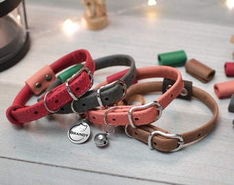 Personalized Rolled Leather Cat Collar with Bell, Engraved Cat ID Tag