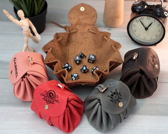 Cofre e bandeja de dados de couro personalizados, estojo de dados DnD gravado, saco de dados com cordão e bandeja para rolar dados, bolsa de dados de RPG, presentes DnD personalizados