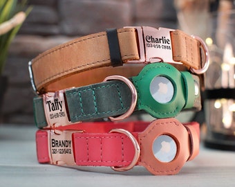 Custom Leather Dog Collar with AirTag Holder, Personalized Air Tag Dog Collar, Engraved Buckle Dog Collars for Small Medium Large Dogs