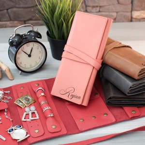 Portagioie personalizzato in rotolo di pelle, portagioielli da viaggio personalizzato, organizzatore di gioielli da donna, regalo di nozze, regali di compleanno per lei