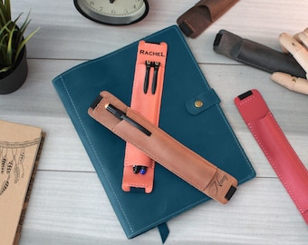 Personalized Leather Pen Holder with Elastic Strap for Notebook A4 A5, Custom Pen Sleeve, Engraved Leather Pen Case, New Job Gift for Her