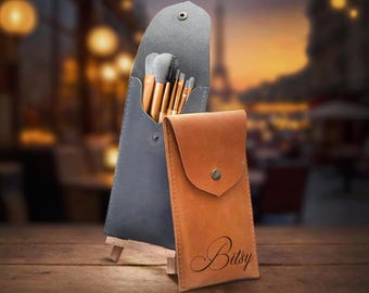 Engraved Leather Makeup Brush Case: Travel Brush Organizer