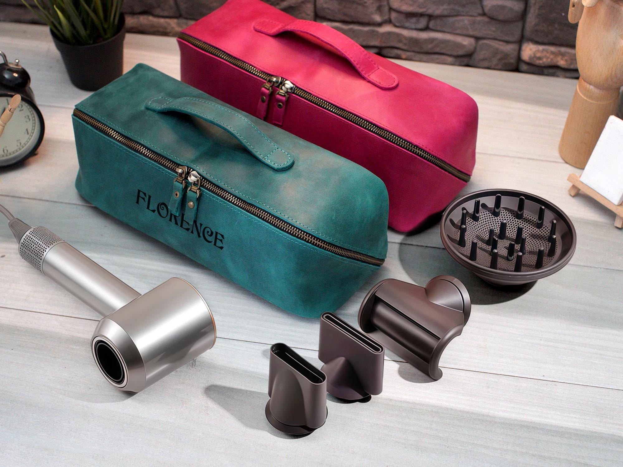 Engraved Leather Travel Dyson Bag, Personalized Airwrap Vanity