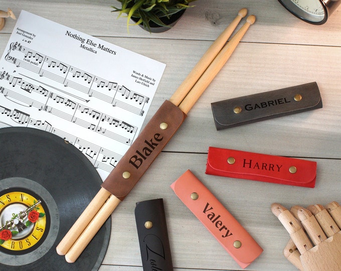 Custom Leather Drum Stick Case, Personalized Drumstick Holder, Drumstick Pouch, Engraved Gifts for Drummer, Gift for Musician