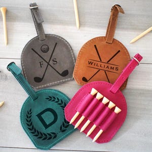 Porte té de golf gravé avec tés, étiquette de sac de golf en cuir personnalisée, cadeau de golf pour homme, accessoires de golf pour mari, cadeau de fête des pères