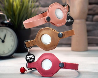 Perosnalized Leather Air Tag Cat Collar with ID Tag&Bell, Safety Outdoor Cat Collars Breakaway Buckle, Custom Cat Collar with AirTag Sleeve