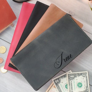 Cartera de cuero con nombre grabado, Cartera larga delgada personalizada, Cartera personalizada para hombre, Cartera de cuero rosa para mujer, Regalo para novia