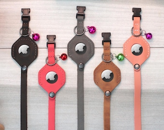 Personalized Leather Cat Collar: Breakaway AirTag Holder, Engraved ID Tag