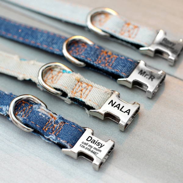 Stylish Modern Denim Cat Collar with Engraved Buckle, Jean Cat Collar Personalized, Customized Cat Collars for Kitten and Large Cats