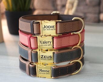 Custom Dog Collar Boy Girl, Leather Dog Collars with Name, Engraved Metal Buckle Dog Collar, Small Medium Large Dog Collars Personalized