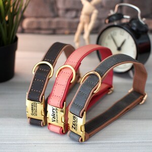 May include: Three leather dog collars with gold buckles and personalized name tags. The collars are brown, pink, and gray. The name tags read "Gabriel", "Valery", and "Zeus".