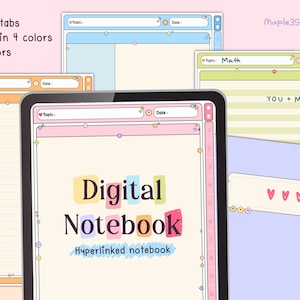 Könnte beinhalten: Ein digitales Notizbuch mit einem rosa, blauen und gelben Farbschema. Das Notizbuch hat eine Registerkarte mit 12 Abschnitten und 8 Vorlagen in 4 Farben. Der Umschlag hat 6 Farboptionen. Der Text auf dem Notizbuch lautet "Digitales Notizbuch" und "Hyperlink-Notizbuch".