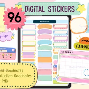 Puede incluir: Un conjunto de 96 pegatinas digitales que incluyen pegatinas Goodnotes precortadas de colores, un calendario gratuito y una lista de verificación. Las pegatinas son de varias formas y tamaños, incluyendo rectángulos, círculos y nubes. El texto "DIGITAL STICKERS" está escrito en una fuente grande y en negrita en la parte superior de la imagen.