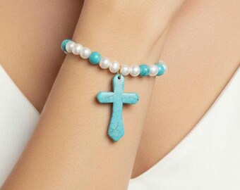 Turquoise and pearl cross bracelet