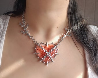 Hand-painted Resin Heart Necklace with Spikes, Stainless Steel Chain, Handmade Detailing