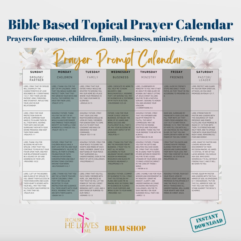 FLORAL Prayer Prompt Printable| Prayer Calendar| Topical Prayer ...