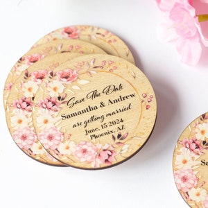 Réservez la date, aimants en bois avec cartes, faire-part de mariage floral, aimants personnalisés Mettez-moi sur un réfrigérateur, aimants personnalisés pour mariage