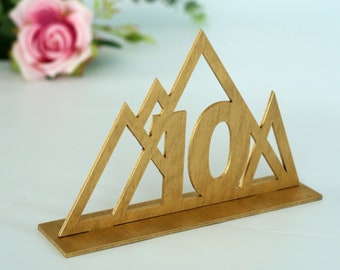Gold table numbers for weddings, Mountain wedding decor, Elegant wood freestanding table numbers