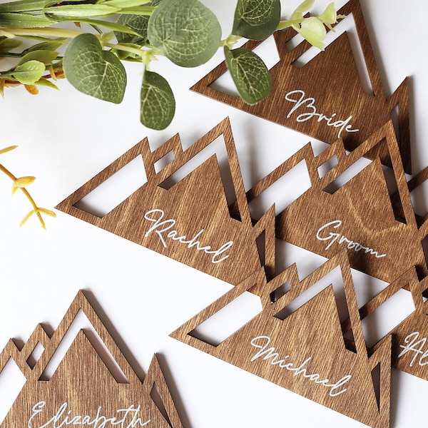 Wood place cards for destination wedding, Mountain themed name tags, Beautiful rustic favors for guests, various colours laser cut name tags