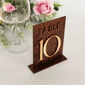 May include: A wooden table number sign with the text "TABLE 10" in gold lettering. The sign is brown and has a rustic look. It is sitting on a white surface with pink roses and greenery in the background.