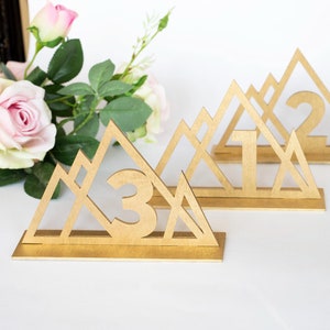 Gold table numbers for weddings, Mountain wedding decor, Elegant wood freestanding table numbers