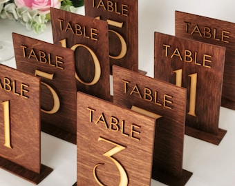 4'' Elegant table numbers for wedding, Wooden table numbers, Modern wood freestanding cafe table numbers