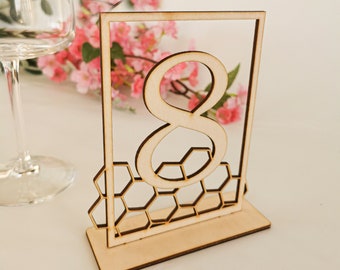Honeycomb Wedding Wooden Table Numbers, Freestanding table numbers for rustic wedding, Bee bridal shower decor