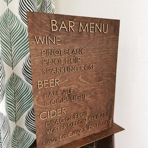 Hochzeits-Bar-Menü, 3D-Holz-Bar-Schild, benutzerdefinierte Hochzeit Bar-Getränk-Schild, Erfrischungsoptionen bei der Hochzeitsfeier auf Holz
