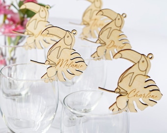 Personalisierte Tropische Party Getränke Marker, Strandhochzeit Namensschilder, Botanische Geburtstag Gedeck, Holz Anhänger für Schlüssel