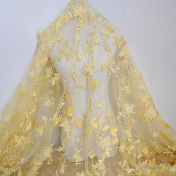 Yellow Flower Mesh Fabric, Chiffon Embroidery Lace Fabric, 3D Exquisite Tulle Fabric, Bridal Veil Wedding Dress Lace Fabric, 51" Width