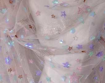 Tela de lentejuelas de estrellas de colores, tela de gasa de malla de tul rosa, tela de vestido con bordado exquisito, encaje de novia de moda, suministros para cortinas
