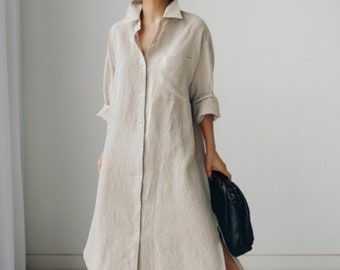 Linen Dress.bali Collection.embroidered Linen Dress.sand Color - Etsy