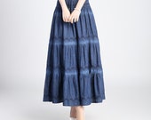 Long Denim Look Skirt, A Line Tiered Skirt,Maxi Cotton, Boho Prairie Skirt,Casual Skirt, Elastic Waistband for Women Two Wearing Ways