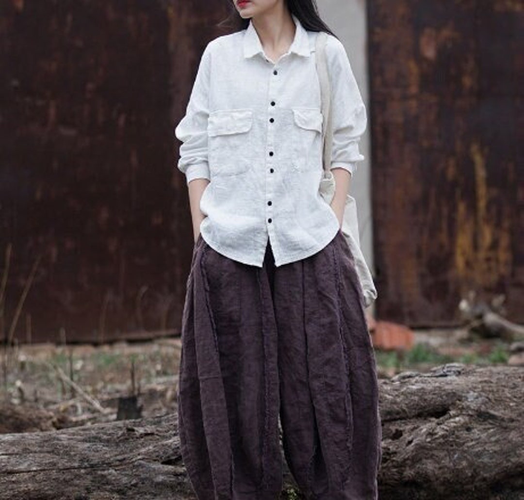 Vintage Chinese linen printed shirt, loose casual linen long shirt